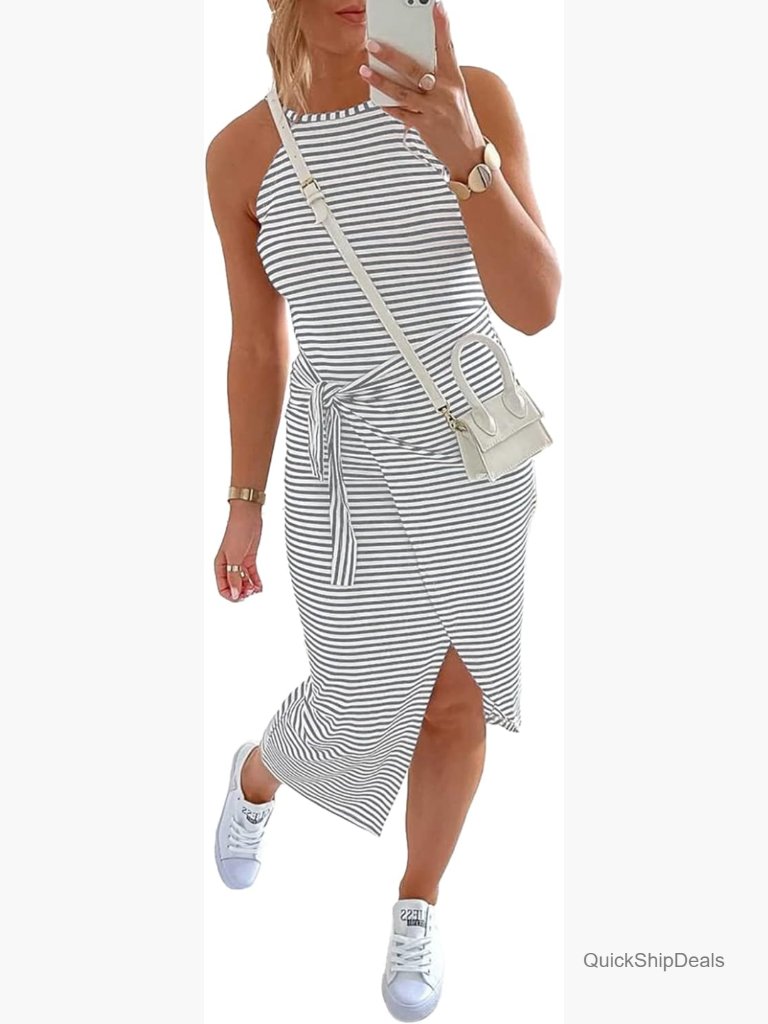 Sleeveless Striped Tank Midi Dress Ruched Bodycon Halter Tie Waist